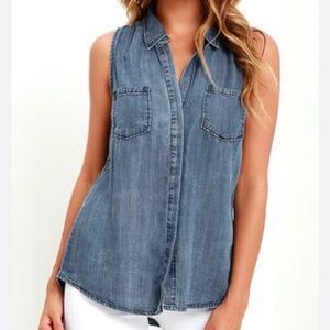 Lulu's Chambray Denim Sleeveless Collared Button Top Blue Denim Size Small